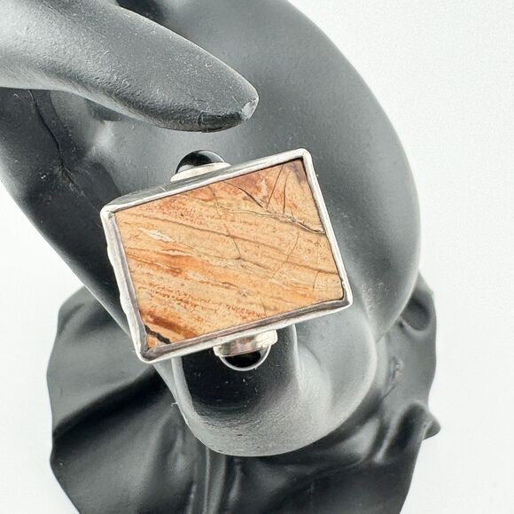 Vintage Sterling Silver Jasper Onyx Ring Artisan Brutalist Handmade Rectangle